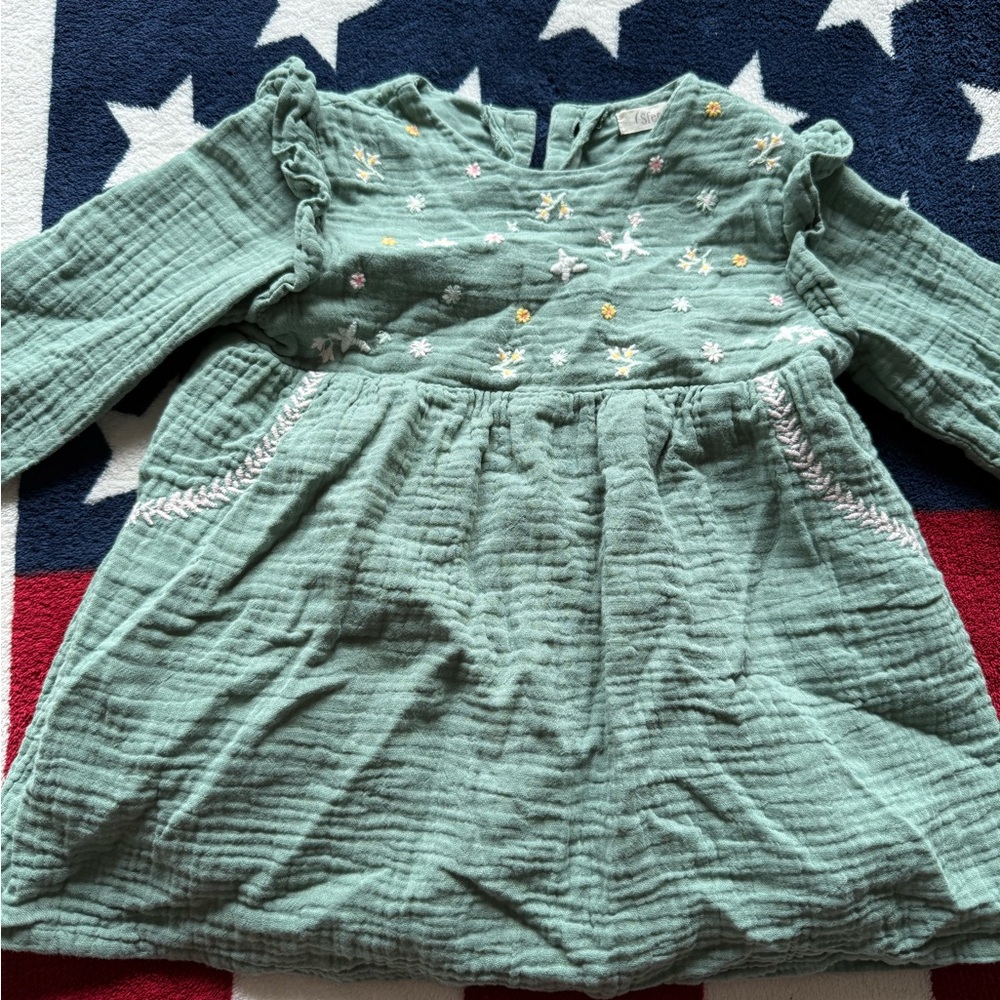 Sfera Kids Dress in Soft Green with Embroidery